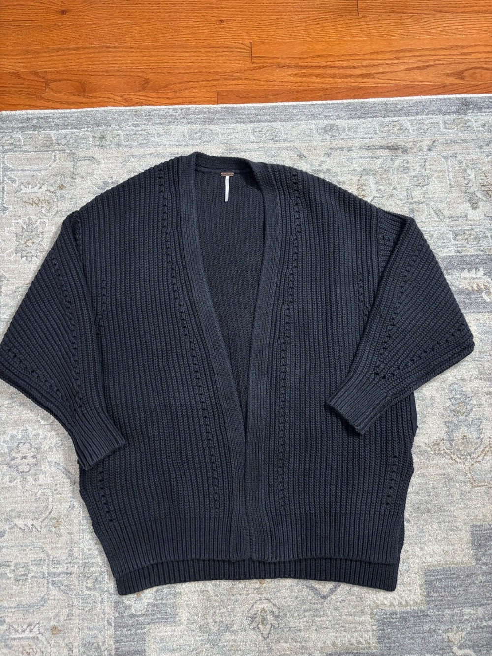 Free People Nightingale Cardi Sweater Black Textured Knit Open Front